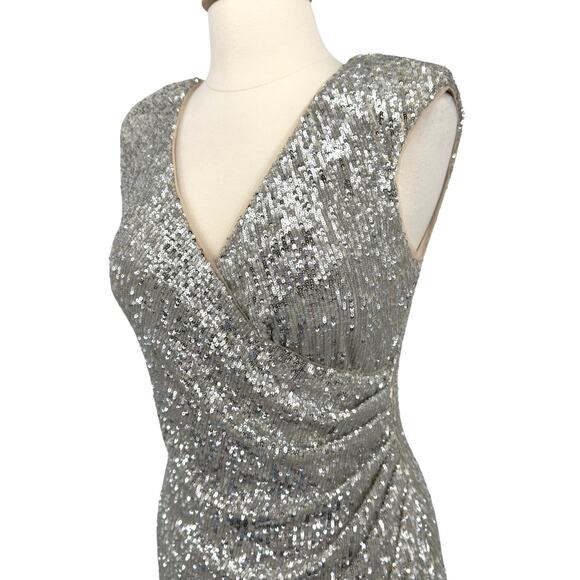 Aidan Mattox Faux Wrap Silver Sequin Ruched Cocktail Dress 12 Holiday Party NYE - Picture 4 of 12